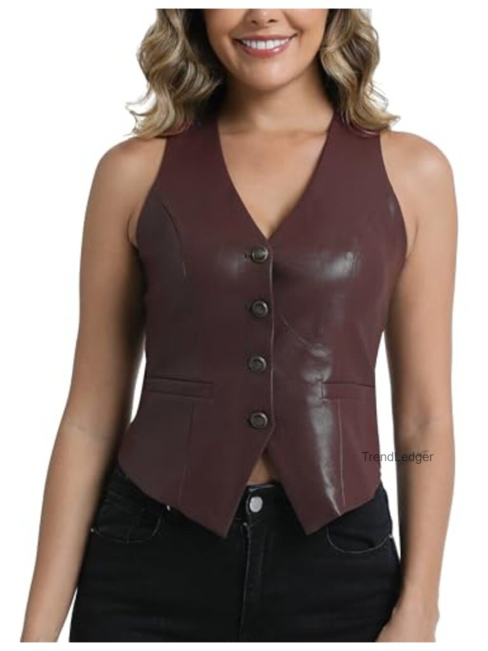 PU Leather Vest V Neck Sleeveless Button Down Waistcoat for Women